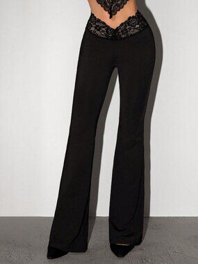 Black Elegant Women's Contrast Lace Flare Leg Pants